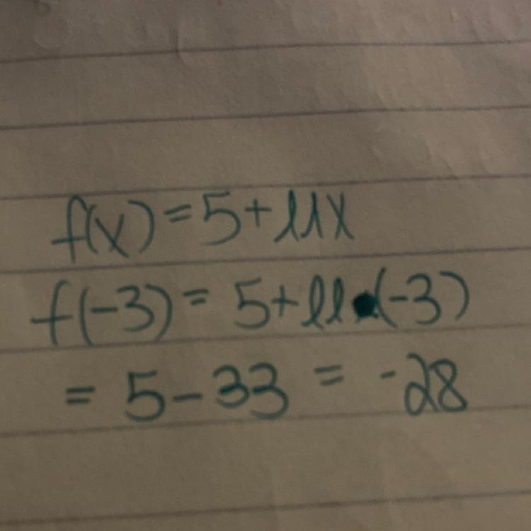 The following is a function, f(x). f(x) = 5 + 11x What is the value of F(-3)? show-example-1