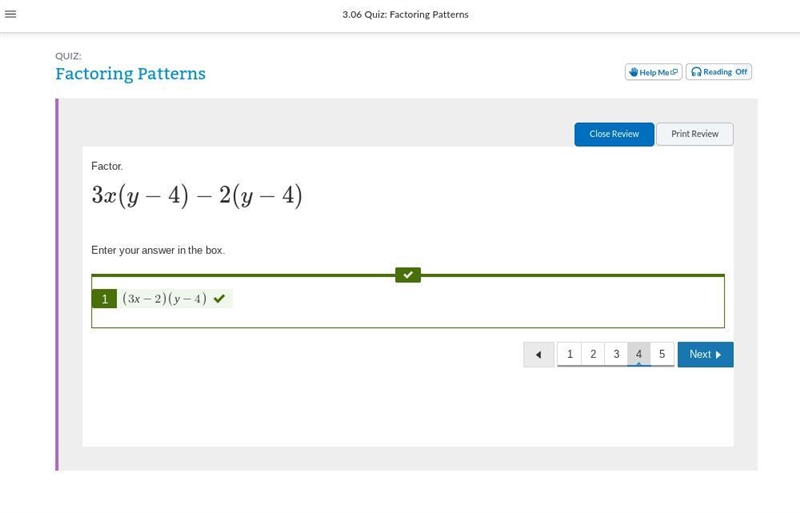 Factor. 3x(y−4)−2(y−4) Enter your answer in the box.-example-1