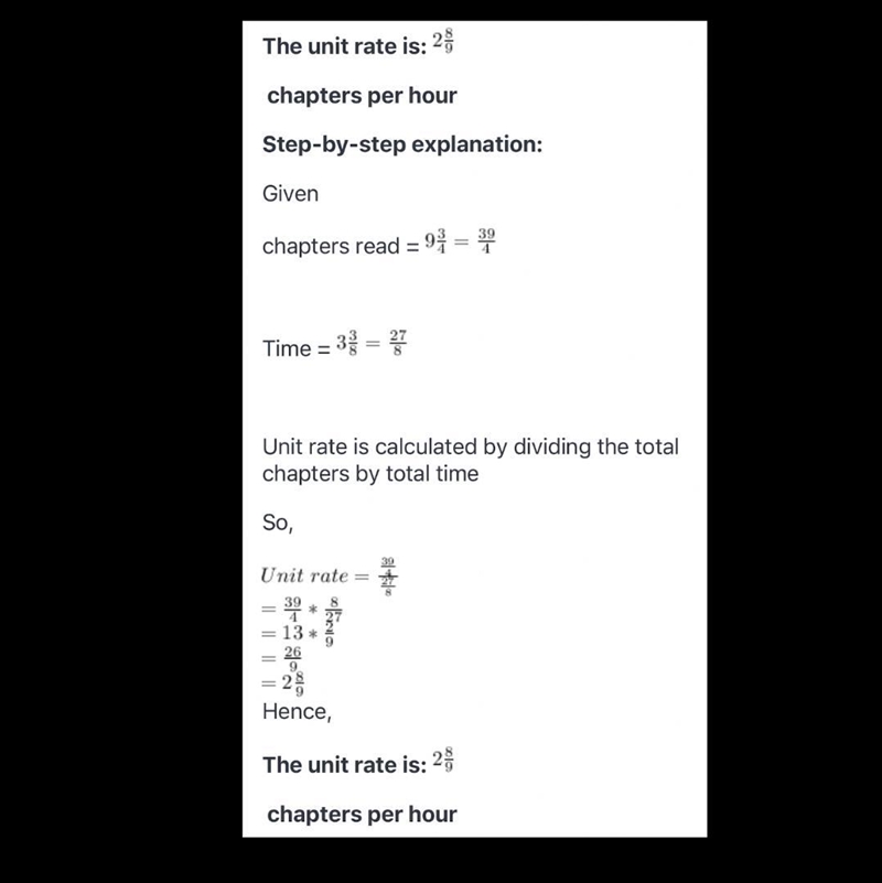 3 Shen reads 9 3/4 chapters in 3 3/8 hours. What is the unit rate in chapters per-example-1