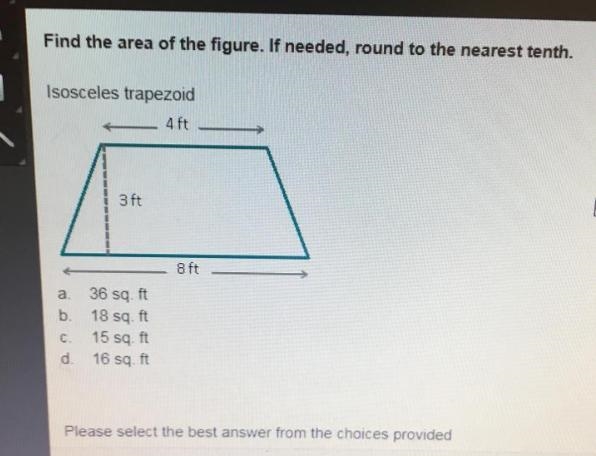 Find the area of the figure if needed round to the nearest tenth isosceles trapezoid-example-1