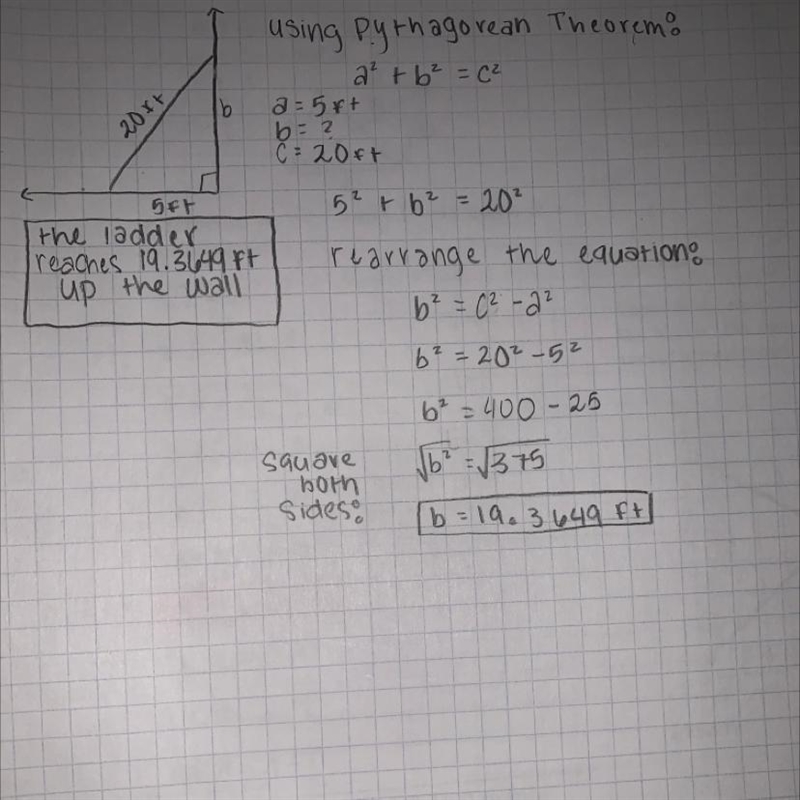 A 20-ft ladder is 5 feet from the base of a wall. How high up the wall does the ladder-example-1