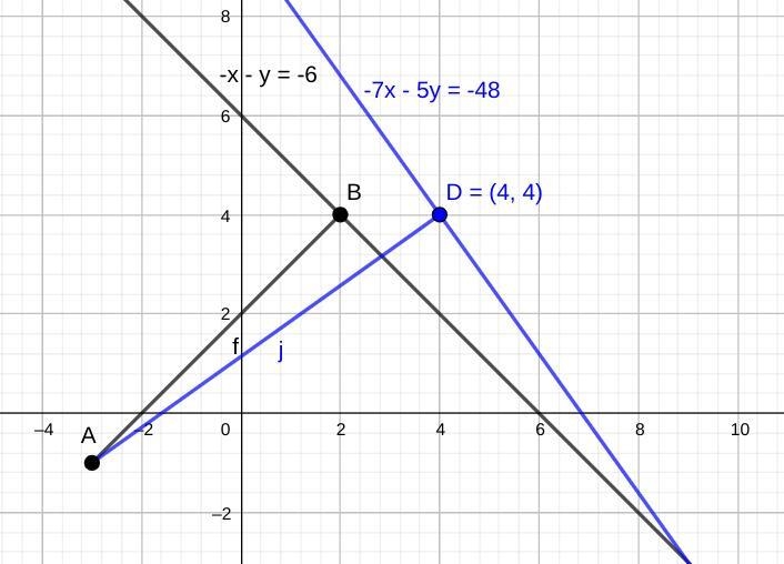 Select the correct answer. AB and BC form a right angle at point B. If A = (-3,-1) and-example-1