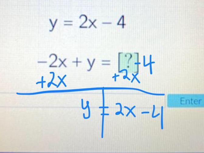 Convert the following equation into standard form. y = 2x – 4 -2x + y = [?]-example-1