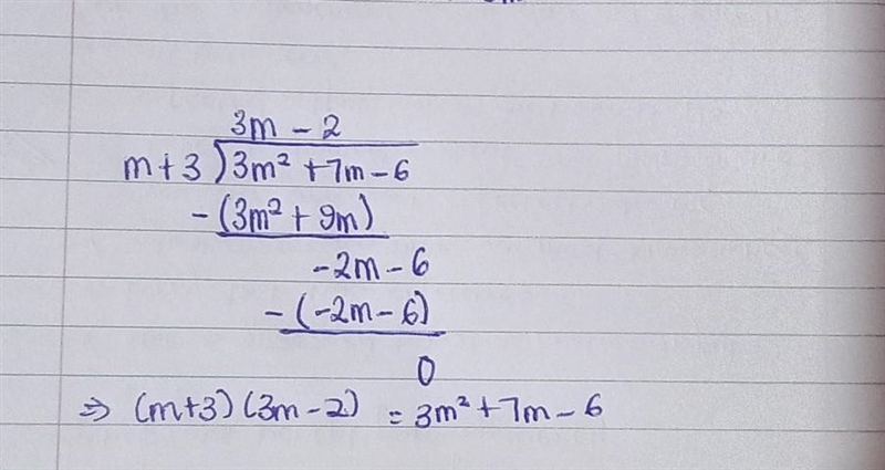 Divide. (3m^2+7m-6)+(m+3)-example-1