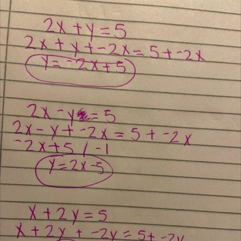 Solve each equation for y 2x+y=5 2x-y+=5 x+2y=5-example-1