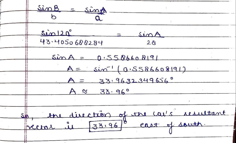 A car travels 22 km due south and then 28 km in a direction 60° east of south. Find-example-2