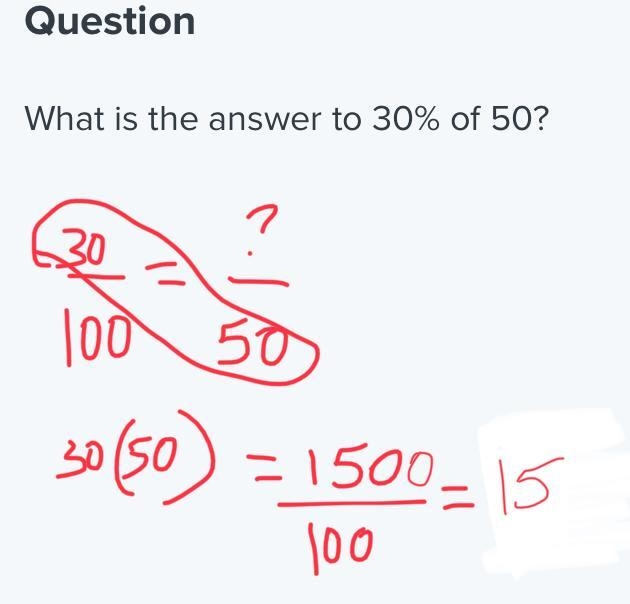 What is the answer to 30% of 50?-example-1