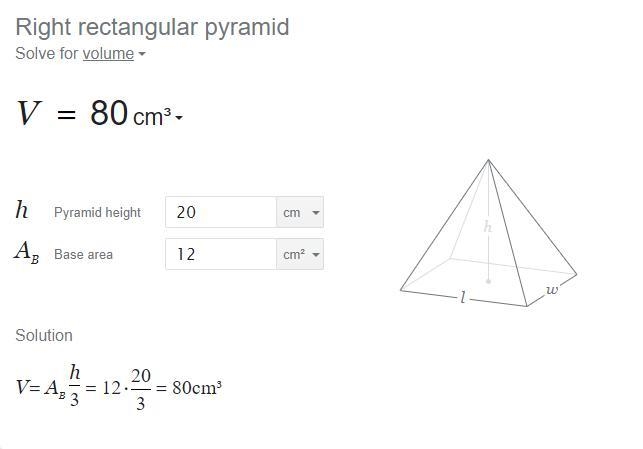 Calculate the volume pyramid whose height de Priangular by of a 20cm, and has base-example-1