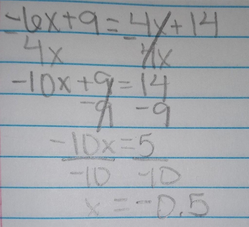 What is the solution to the equation –6x + 9 = 4x + 14?-example-1