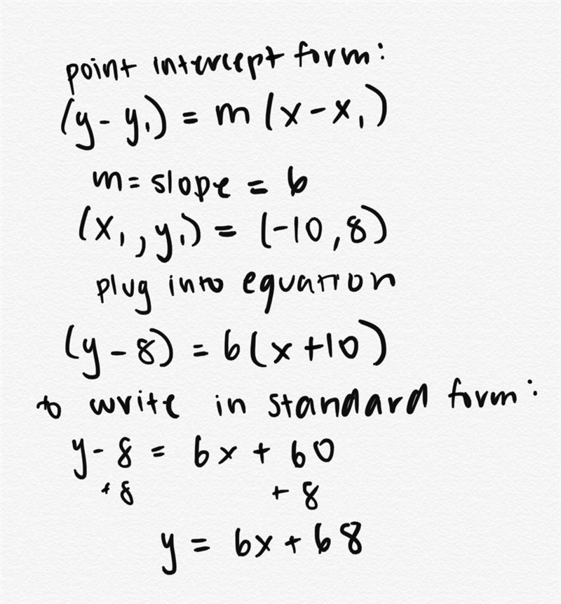 How do i write an equation that goes through the line (-10,8) with a slope of 6-example-1