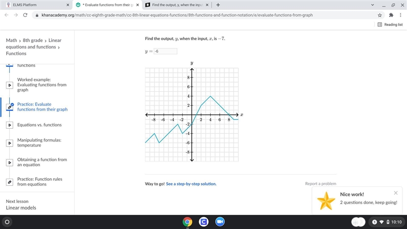 Find the output, y, when the input, x , is 7. y=-example-1