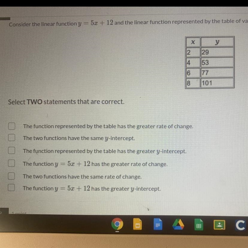 Consider the linear function y = 5x + 12 and the linear function represented by the-example-1