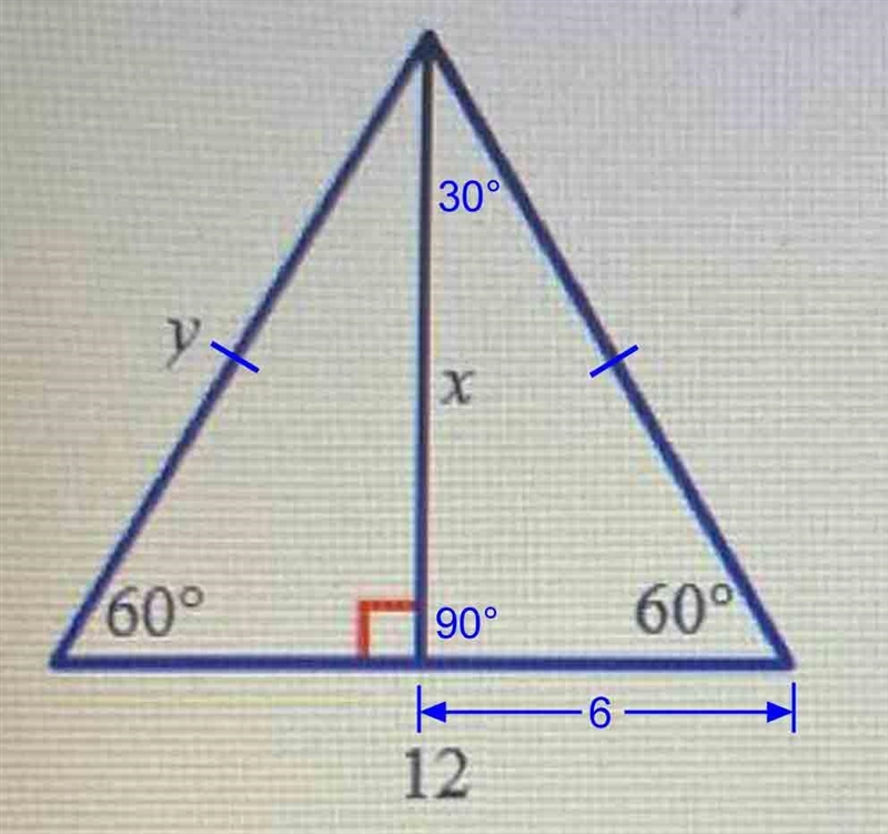 Special Right Triangles Practice Active y x 60° 60° 12 Find the value of x and the-example-1