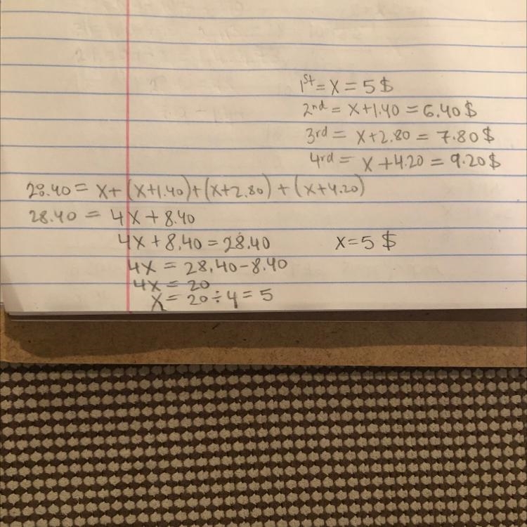 Seth spent a total of $28.40 over 4 days. He spent $1.40 more each day than the day-example-1