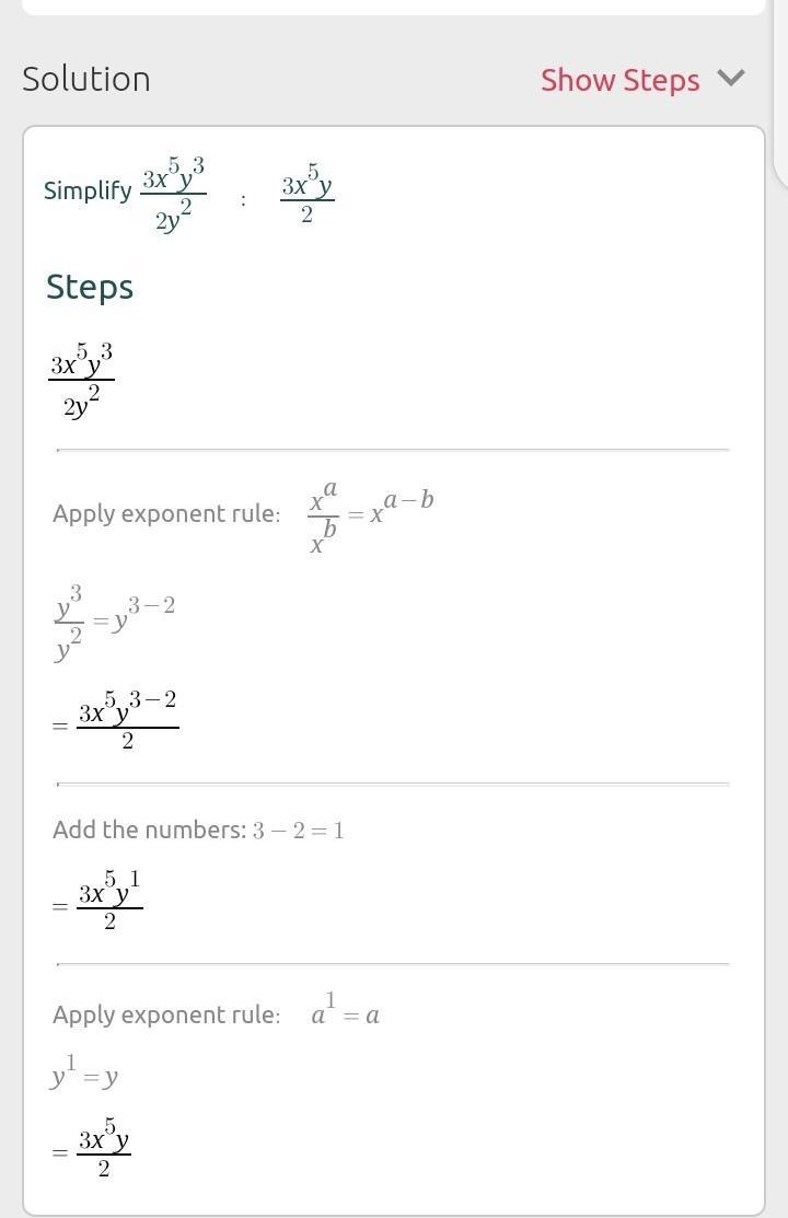 Simplify 3x⁵y³ ÷2y² step by step​-example-1