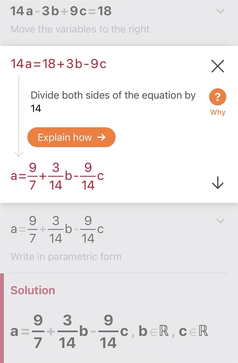 Solve 14a-3b+9c=18 for a. Do not use a= in your answer-example-1