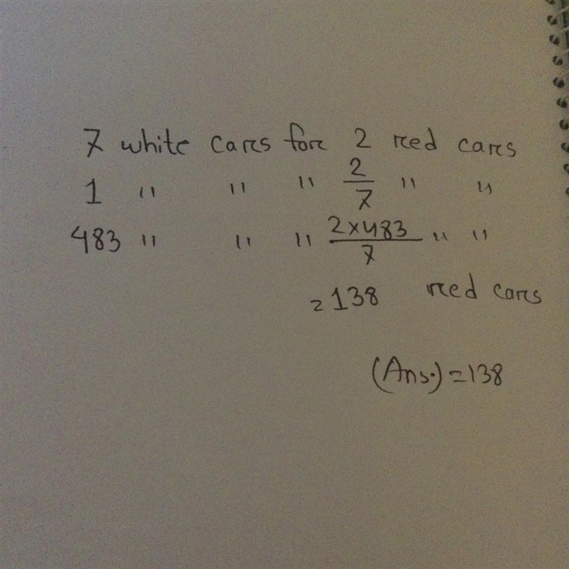 B. A car factory makes 2 red cars for every 7 white cars. If it makes 483 white cars-example-1