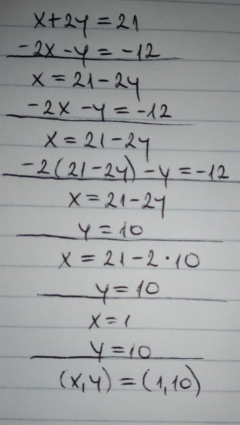 Pls HELPPP ! solve the systems of equations of x+2y=21 and -2x-y=-12-example-1