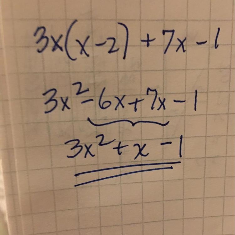 What is equivalent to the expression 3x(x-2)+7x-1-example-1