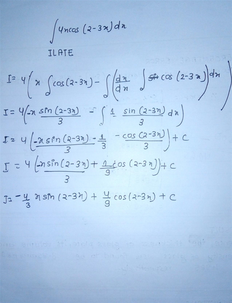 Solve the following integral. \int4x\cos(2-3x)dx-example-1