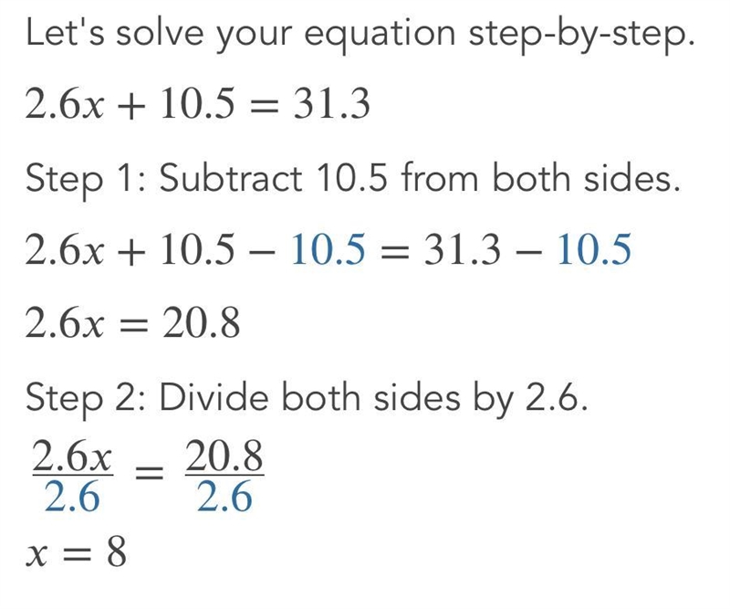 2.6x + 10.5 = 31.3 I need help ASPAP!!-example-1