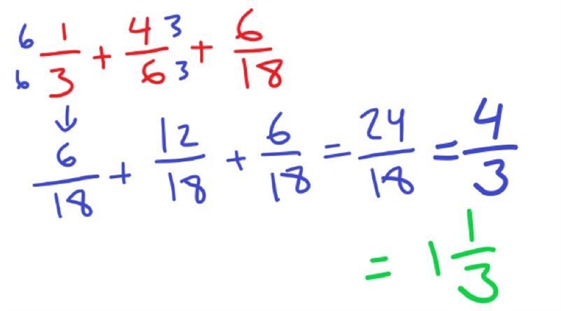 One third plus four sixths plus six eighteenths equals blank-example-1