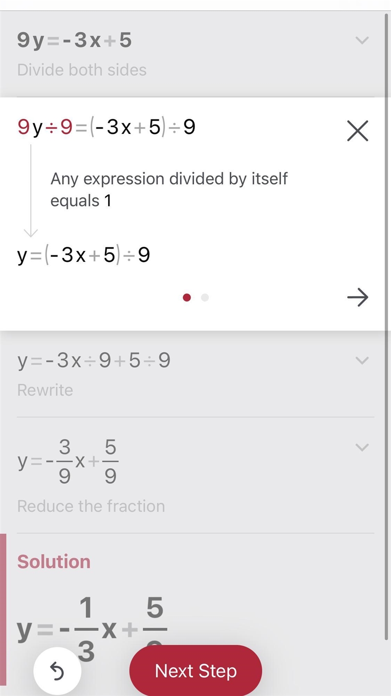 Convert the equation into Slope Intercept form (y=mx+b). 9y = -3x + 5-example-1