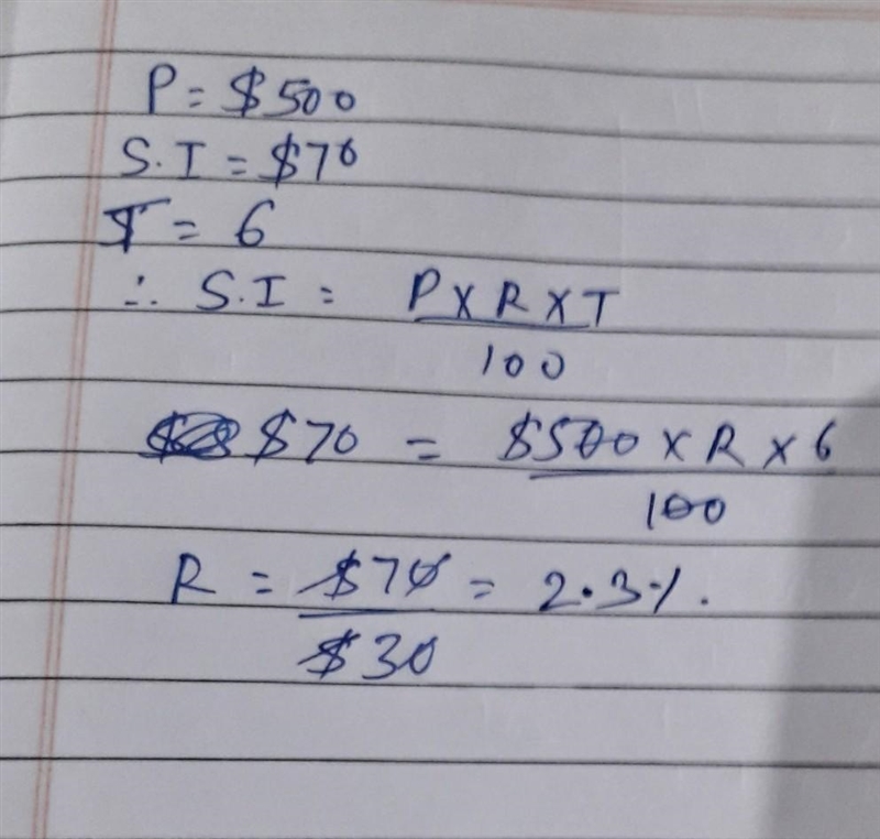 An investment of $500 earns $70 simple interest after 6 years. To the nearest tenth-example-1