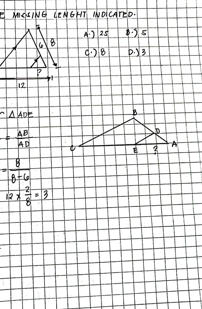 Find the missing length indicated A) 25 B) 5 C) 8 D) 3 Please help!-example-2