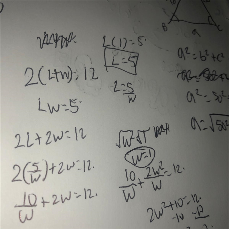 The perimeter of a rectangle is 12cm the area is 5cm square what is the length of-example-1