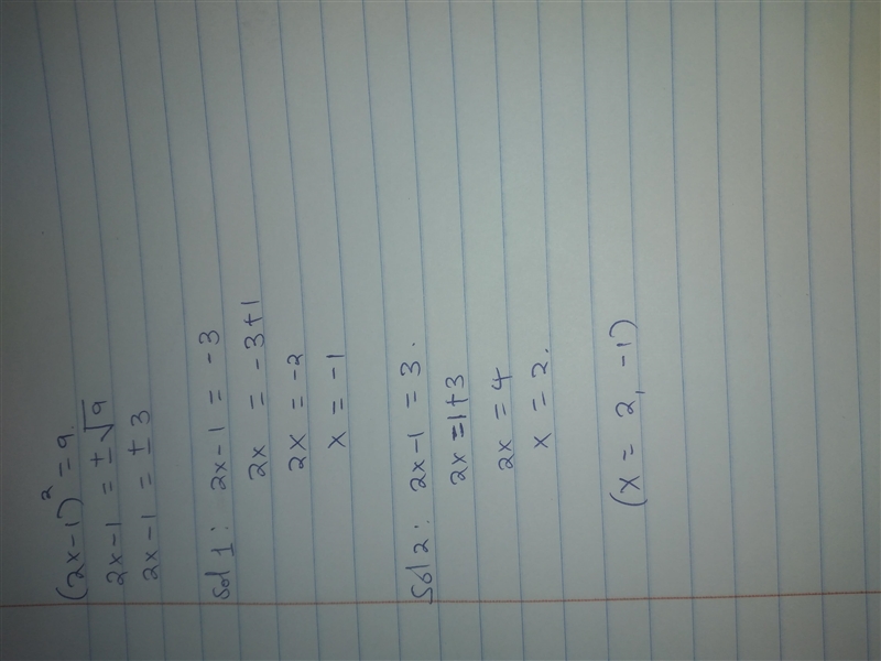 Solve (2x - 1)^2 = 9. A. X = 2, -1 B. X = -2,1 C. x = -2, -1 D. X = 2,1​-example-1