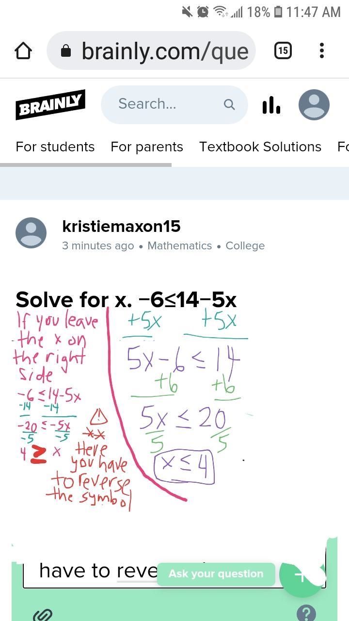 Solve for x. −6≤14−5x-example-1