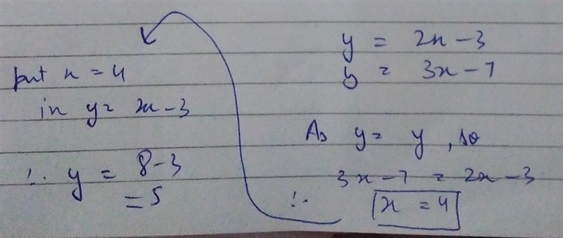 What is the y value of y=2x-3 and y=3x-7-example-1