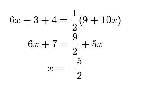 What is the value of X in the equation 6X+3+4=1/2(9+10X)-example-1