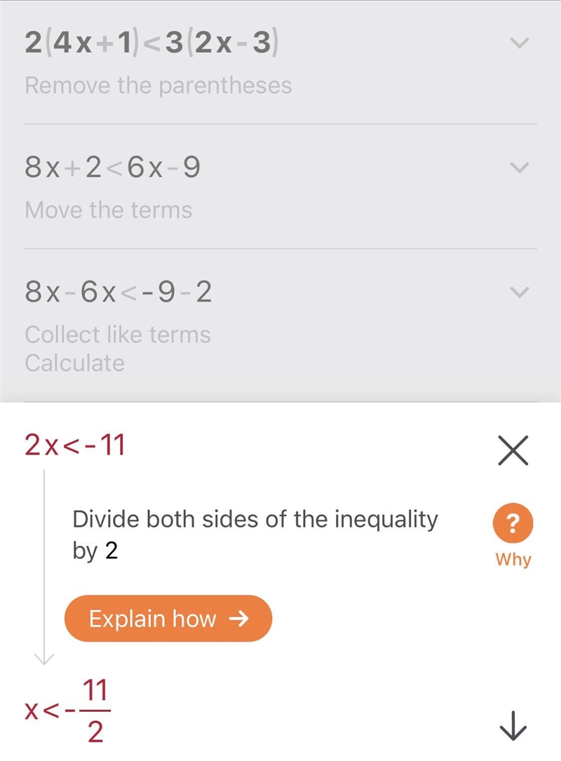 Solve the inequality 2(4 x + 1)< 3 (2 x - 3)​-example-1