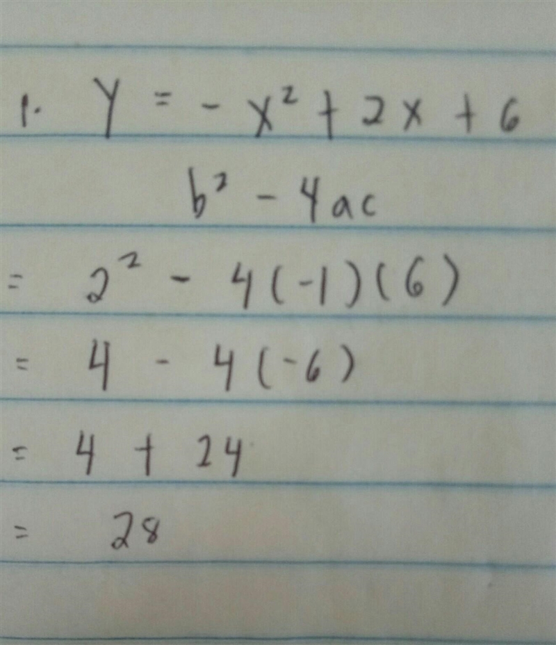 Determine the number of real solutions: 1. y = -x? +2 x + 6 2. y = 2x² - 6x + 5 3. y-example-1