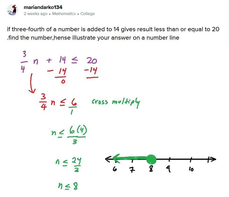 if three-fourth of a number is added to 14 gives result less than or equal to 20 .find-example-1