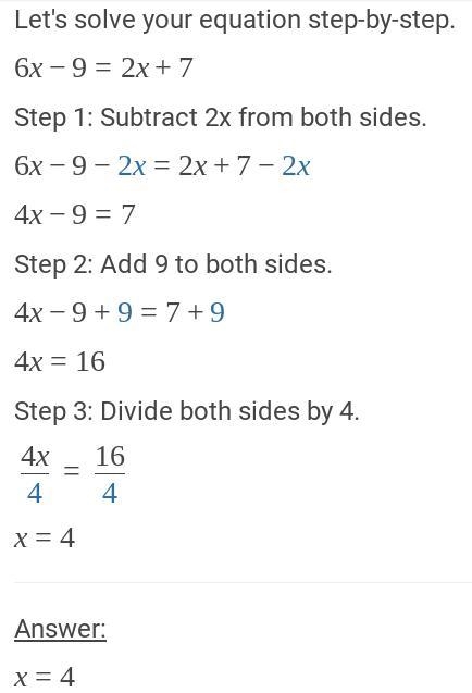 Solve for x 6x - 9 = 2x + 7-example-1