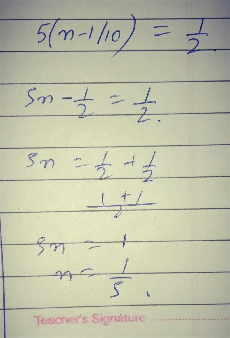 What is the solution to the equation? 5(n - 1/10) = 1/2​-example-1