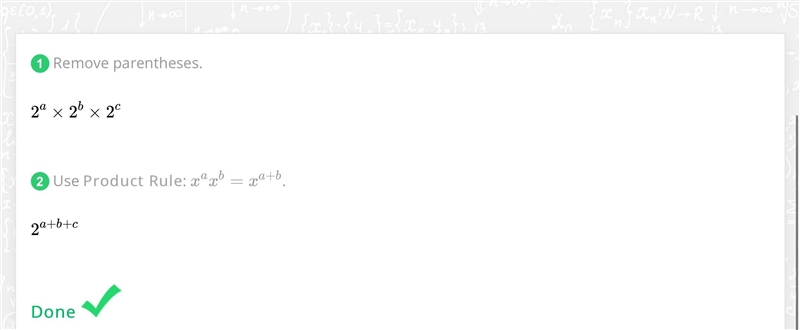 The simplified form of (2^a)(2^b)(2^c) is-example-1