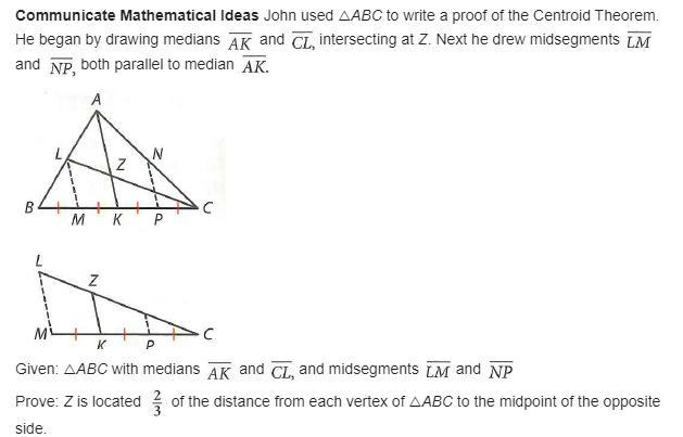 John used AABC to write a proof of the Centroid Theorem. He began by drawing medians-example-1