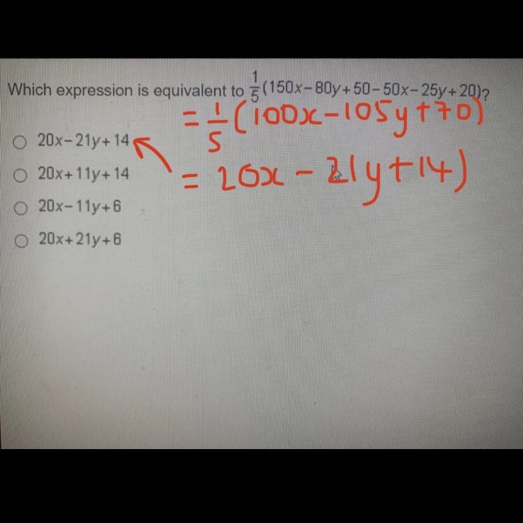 Which expression is equivalent to 1/5(150x-80y+50-50x-25y+20)-example-1