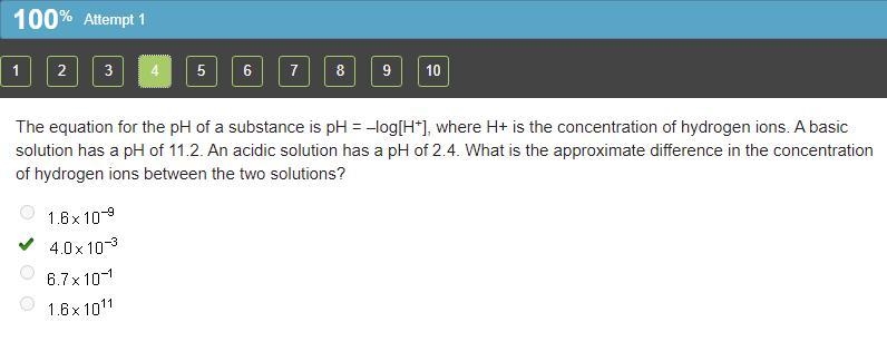 The equation for the pH of a substance is pH = -log[H], where Ht iS the concentration-example-1