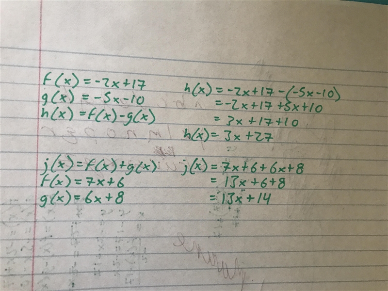 Given f(x) = -2x + 17; g(x) = -5x - 10. What is h(x) = f(x) – g(x)? * (if you would-example-1