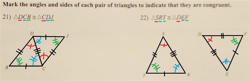 Mark the angles and sides of each pair of triangles to indicate that they are congruent-example-1