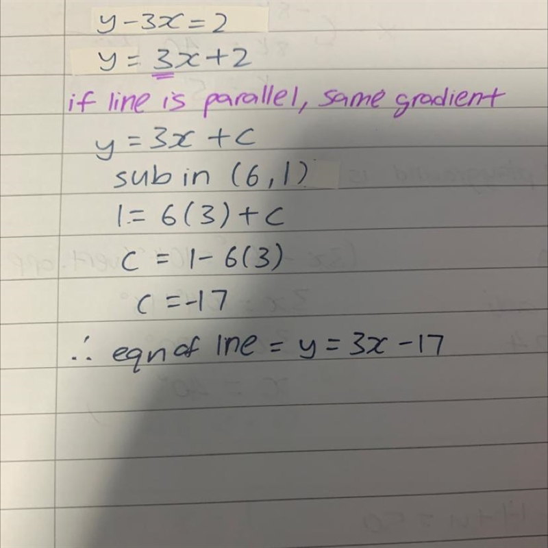 What is the equation of the line that is parallel to y minus 3 x = 2 and that passes-example-1