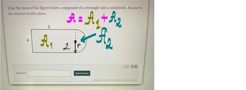 Find the area of the figure below, composed of a rectangle and semicircle. Round to-example-1