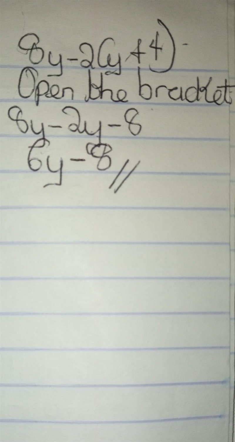 Simplify this algebraic expression completely. 8y - 2(у + 4) ОА, бу – 4 ОВ. бу + 4 ОС-example-1