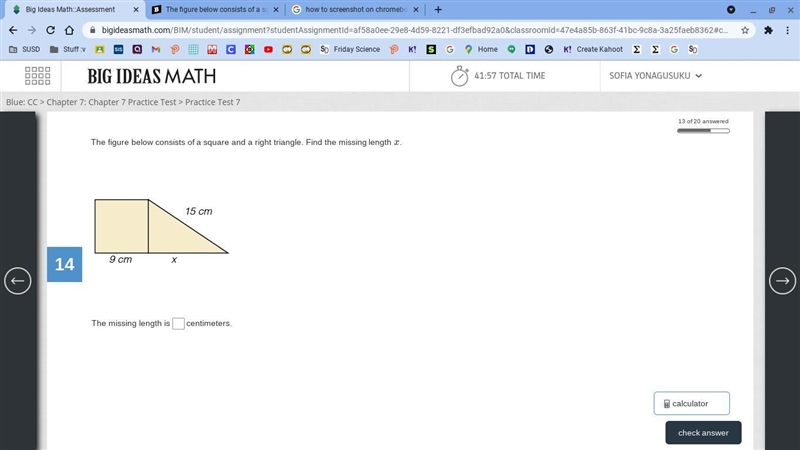 The figure below consists of a square and a right triangle. Find the missing length-example-1