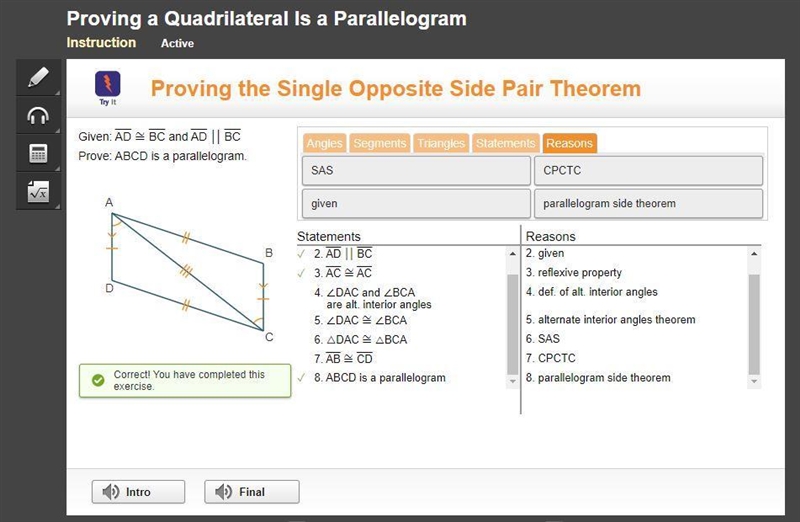 Proving the Single Opposite Side Pair Theorem Given: AD = BC and AD || BC Prove: ABCD-example-2